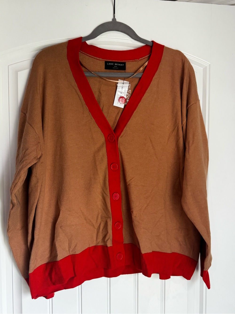 Lane Bryant Colorblock Cardigan Sweater 18/20 Tan Red Button Front NWT